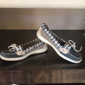 Blue and white Sperrys